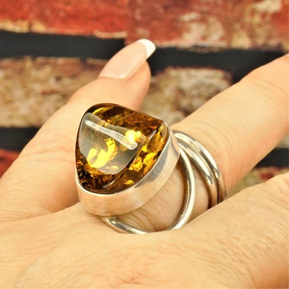 LARGE BALTIC AMBER 925 SILVER ADJUSTABLE RING, UNIQUE DESIGN, GIFT FOR WOMEN - Picture 14 of 16